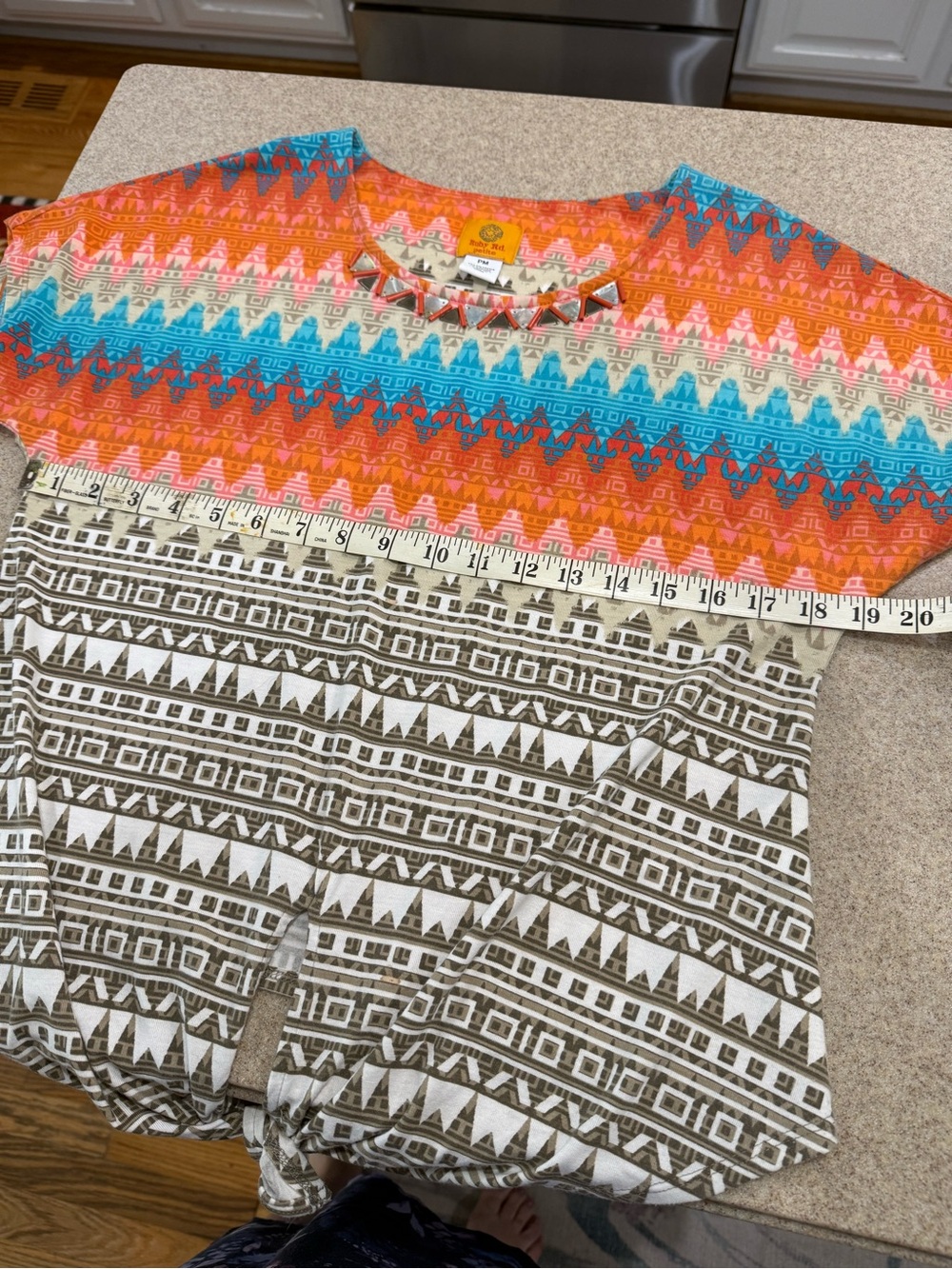 Ruby Rd. Short-Sleeve Aztec Print Top in Orange and Turquoise - Picture 4 of 5
